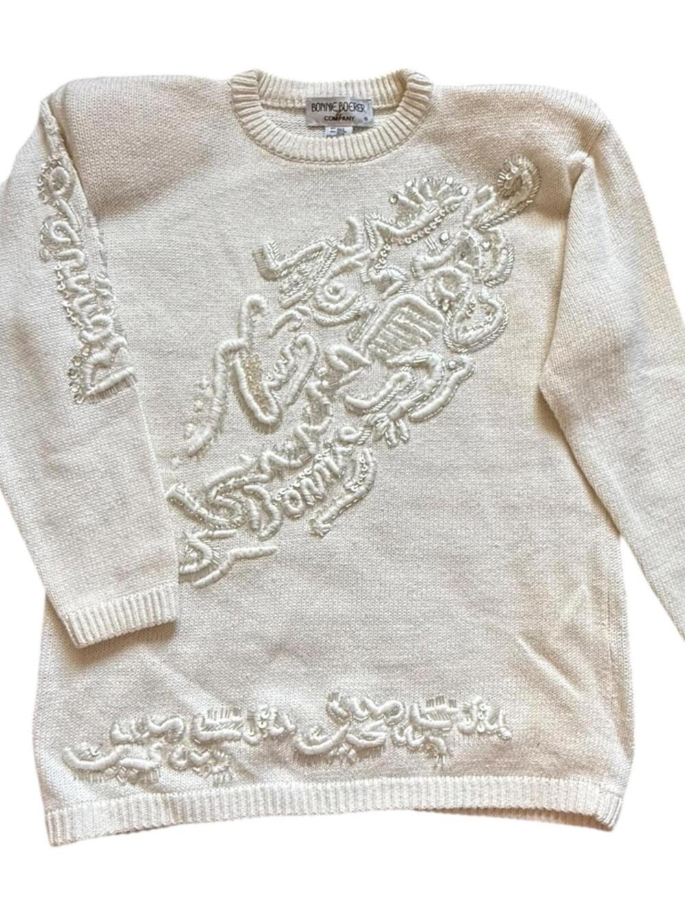 Bonnie Boerer Vintage 80s White Sweater Beaded Abstract Embellished Women’s S/P